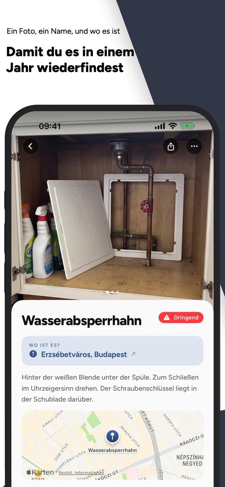Ein wiit mit Foto, Name, Markierung „Dringend“, Standort und Karte
