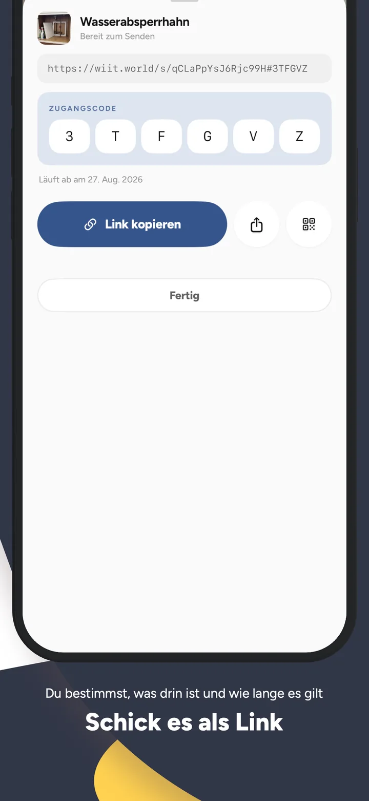 Einen wiit als Link senden: der fertige Link mit einem sechs Zeichen langen Zugangscode