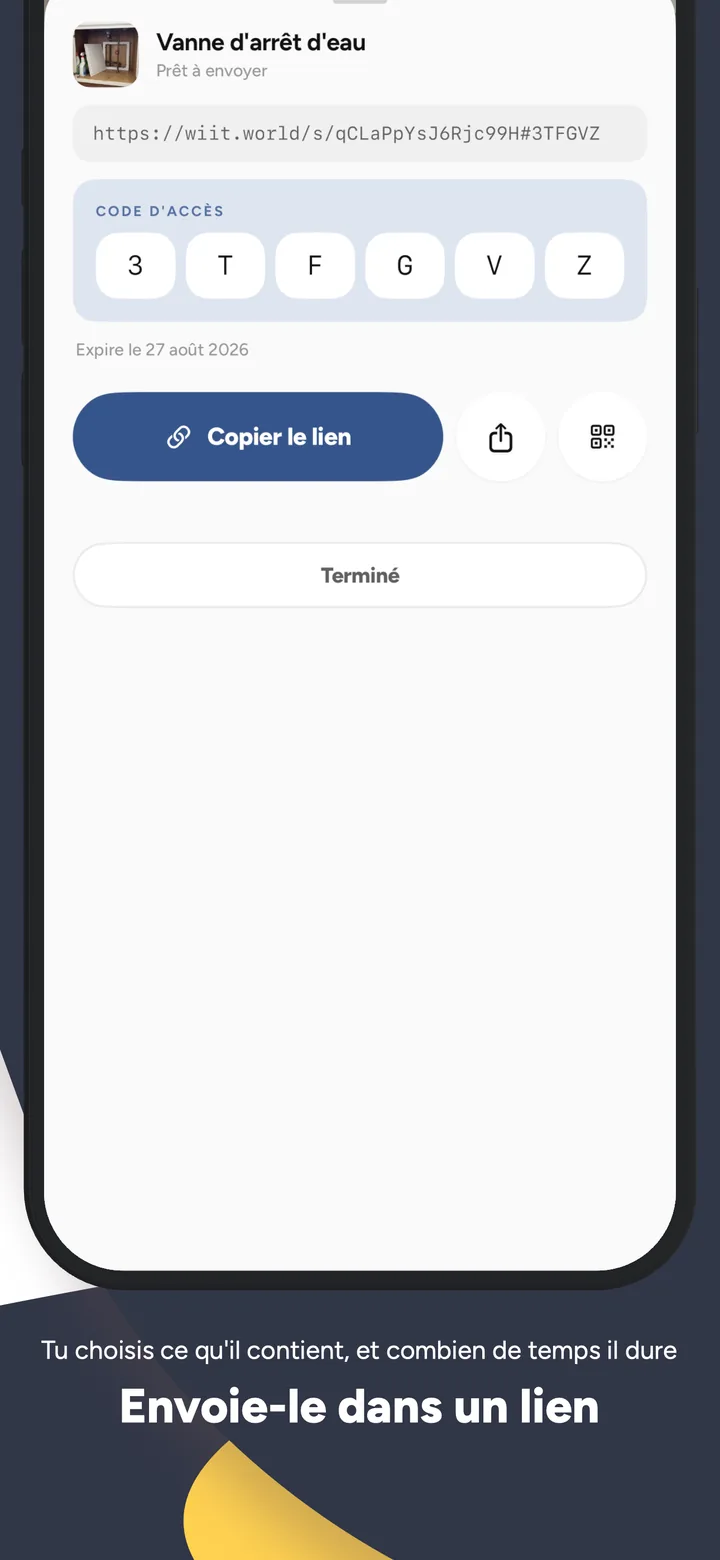 Partage d'un wiit : lien prêt à envoyer avec son code à six caractères.